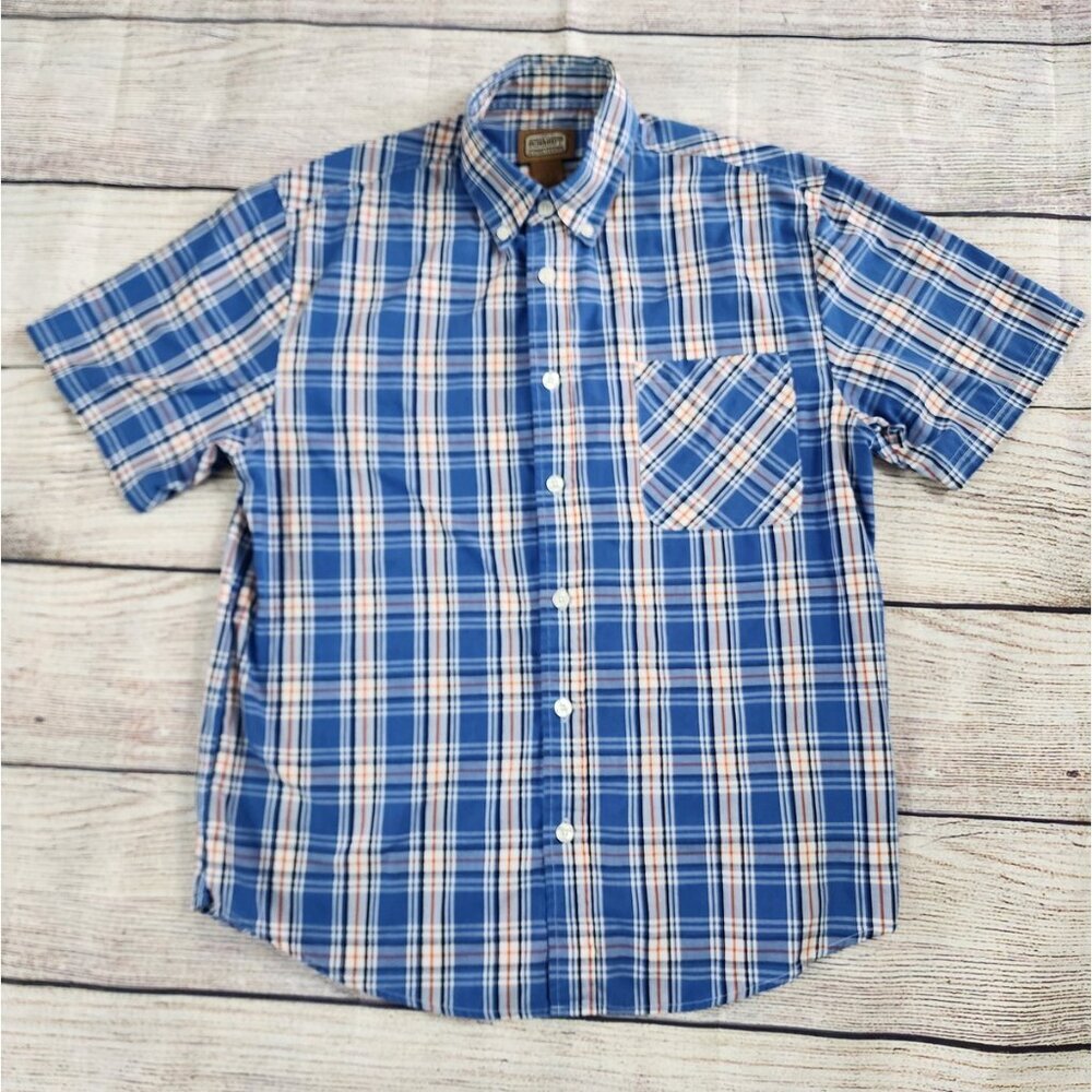 CE Schmidt Workwear Shirt Men Large Short Sleeve Button Up Blue Orange Plaid